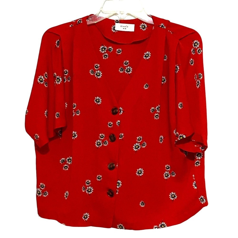 Daisy Print Button Front Top Womens XS Red Floral Modern Stylish Mature Business